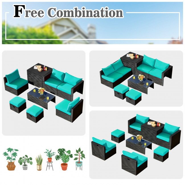 8 Pieces Patio Rattan Furniture Set Outdoor Sectional Conversation Sofa Sets with Storage Box and Cushion