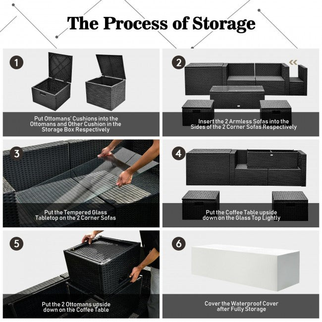 8 Pieces Patio Rattan Furniture Set Outdoor Sectional Conversation Sofa Sets with Storage Box and Cushion