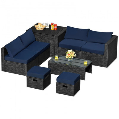 8 Pieces Patio Rattan Furniture Set Outdoor Sectional Conversation Sofa Sets with Storage Box and Cushion