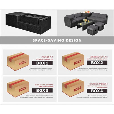 8 Pieces Patio Rattan Furniture Set Outdoor Sectional Conversation Sofa Sets with Storage Box and Cushion