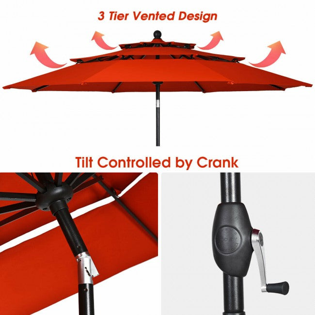 10ft Outdoor Patio 3 Tier Vented Offset Umbrella with 1.5" Aluminum Pole and 8 Sturdy Ribs