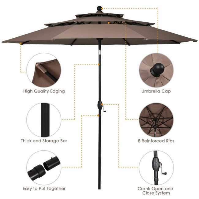 10ft Outdoor Patio 3 Tier Vented Offset Umbrella with 1.5" Aluminum Pole and 8 Sturdy Ribs