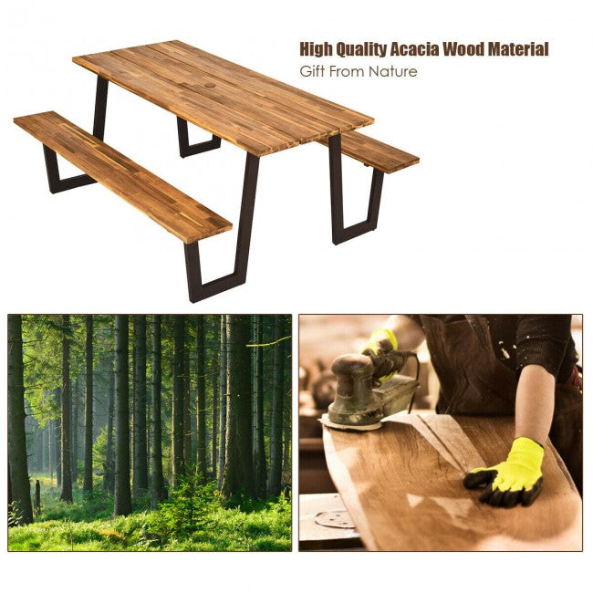 70 Inch Outdoor Dining Table Set Picnic Table Bench Set with Umbrella Hole and Metal Frame