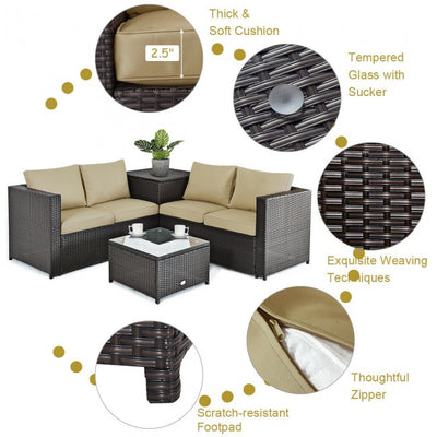 4 Pieces Outdoor Rattan Furniture Set Patio Wicker Conversation Sofa Set with Cushion and Table