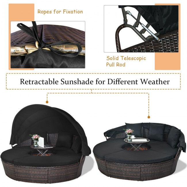 Outdoor Wicker Furniture Sets Patio Round Rattan Daybed With Retractable Canopy