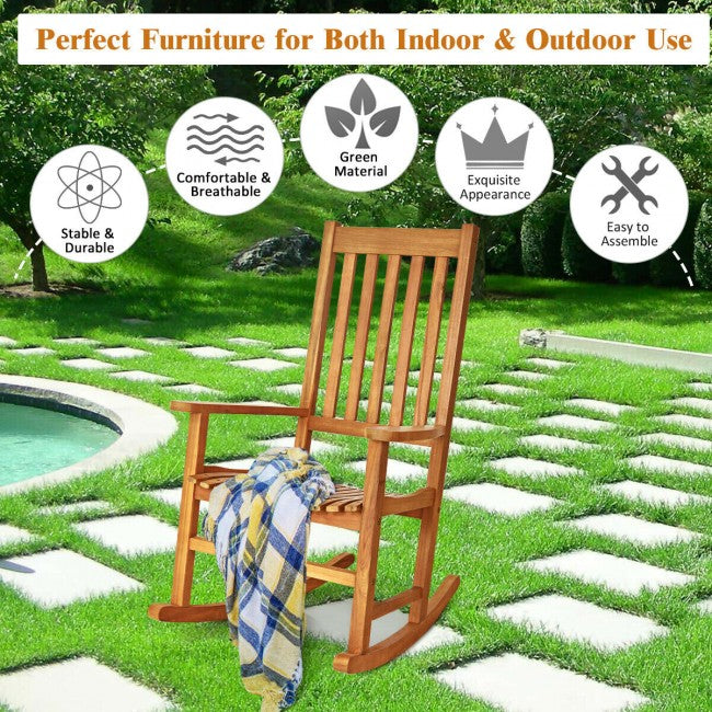 Oversized Wooden Porch Rocking Chair High Back Slat Seat