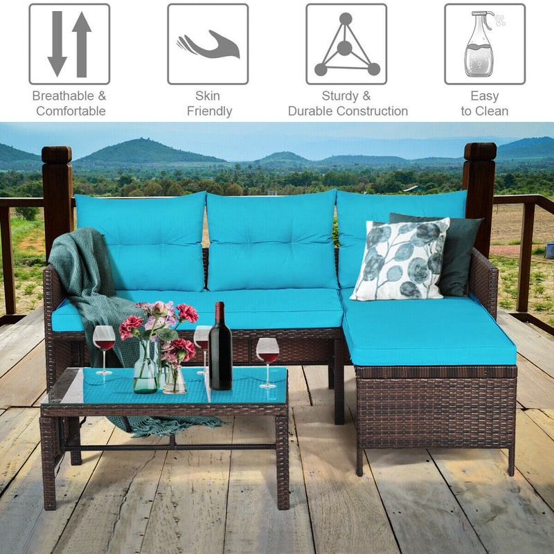 3 Piece Outdoor Patio Corner Rattan Sofa Set