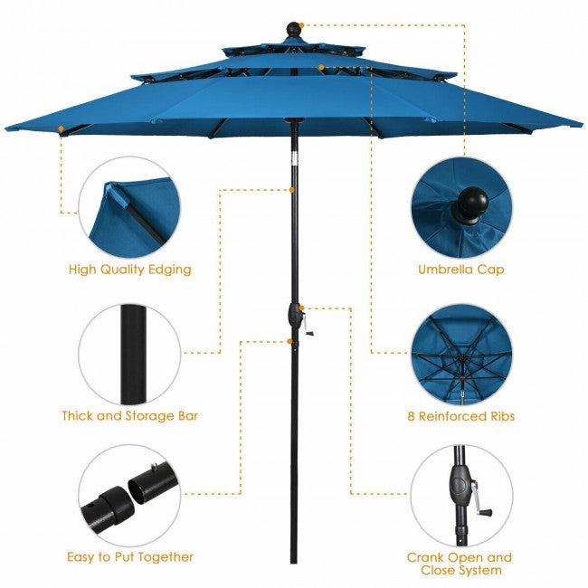 10ft Outdoor Patio 3 Tier Vented Offset Umbrella with 1.5" Aluminum Pole and 8 Sturdy Ribs