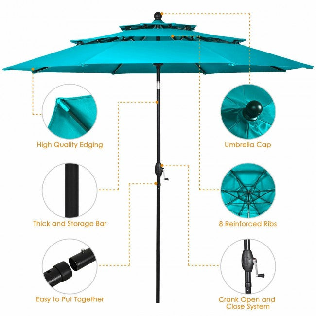 10ft Outdoor Patio 3 Tier Vented Offset Umbrella with 1.5" Aluminum Pole and 8 Sturdy Ribs