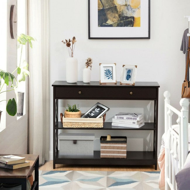 3-Tier Side Console Table Entryway Table Narrow Accent Table with Drawer and Storage Shelves