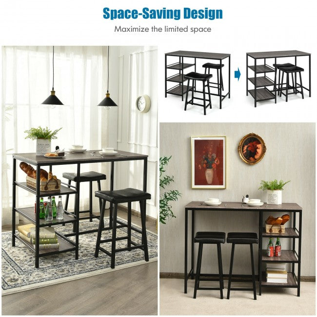 3 Pieces Dining Table Set with Pub Counter Height and Storage Shelves