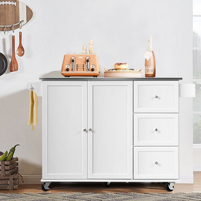 Kitchen Island Cart Rolling Trolley 2-Door Storage Cabinet with Adjustable Shelves and 3 Drawers