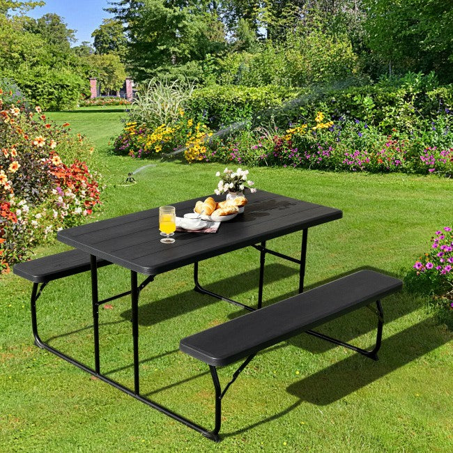 Outdoor Camping Picnic Table Bench Set Dining Set with Metal Base