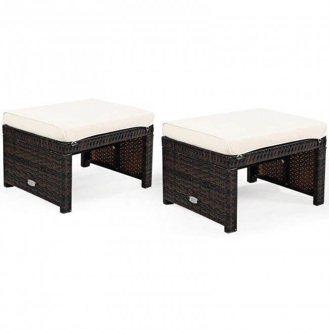 2 Pieces Patio Rattan Ottomans Outdoor Wicker All Weather Footstool Footrest Seat with Soft Cushion