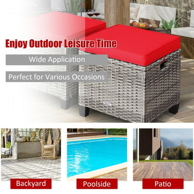 2 Pieces Patio Rattan Ottomans Seat Outdoor Footstool Footrest with Removable Cushions