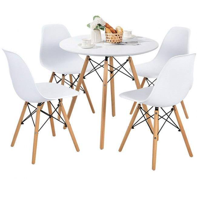 5 Pieces Modern Dining Table Set with Round Table and 4 White Chairs