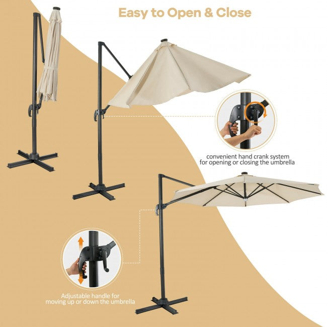 10ft Patio Cantilever Umbrella Outdoor Hanging Offset Umbrella with Solar LED Lights and 360-Degree Rotation