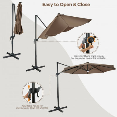 10ft Patio Cantilever Umbrella Outdoor Hanging Offset Umbrella with Solar LED Lights and 360-Degree Rotation