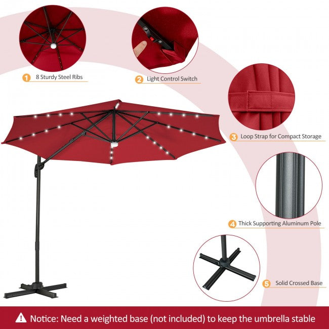 10ft Patio Cantilever Umbrella Outdoor Hanging Offset Umbrella with Solar LED Lights and 360-Degree Rotation