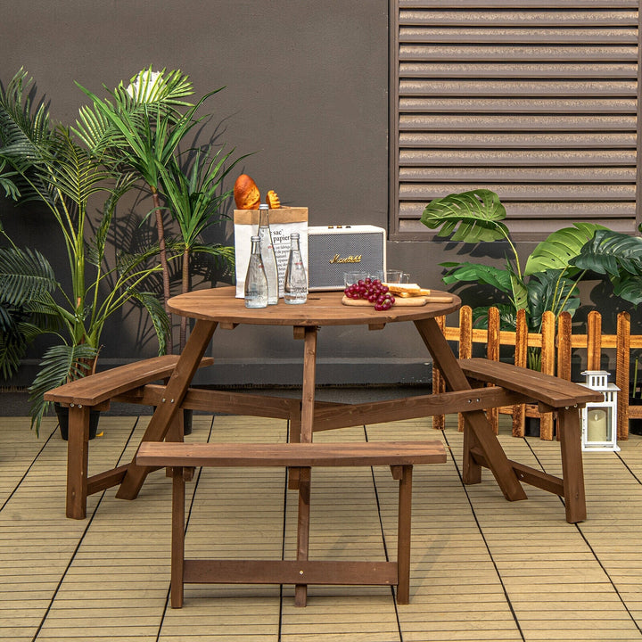6-person Round Wooden Picnic Table with Umbrella Hole and 3 Built-in Benches
