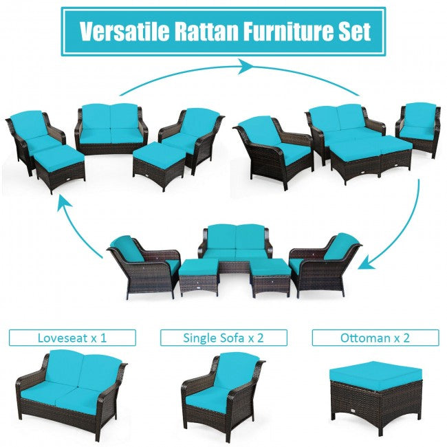 5 Pieces Patio Rattan Sofa Set outdoor conversation set with Cushion and Ottoman