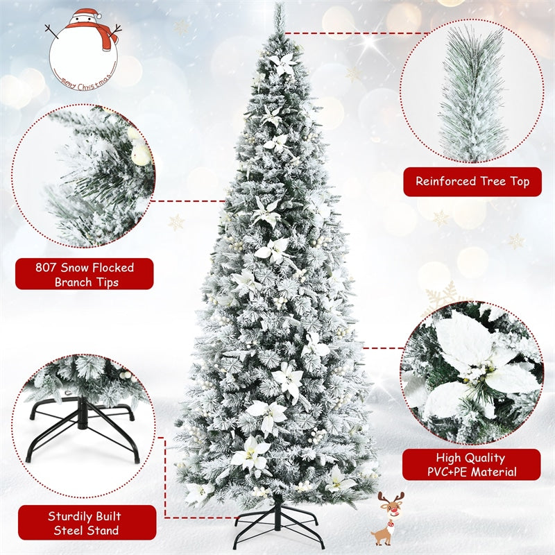 8ft Snow Flocked Pencil Artificial Christmas Tree Holiday Decoration