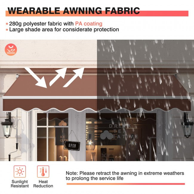 8 x 6.6 Ft Outdoor Patio Retractable Aluminum Awning Cover with Manual Crank Handle and Water-Resistant Polyester