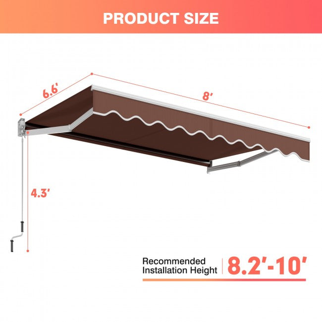 8 x 6.6 Ft Outdoor Patio Retractable Aluminum Awning Cover with Manual Crank Handle and Water-Resistant Polyester