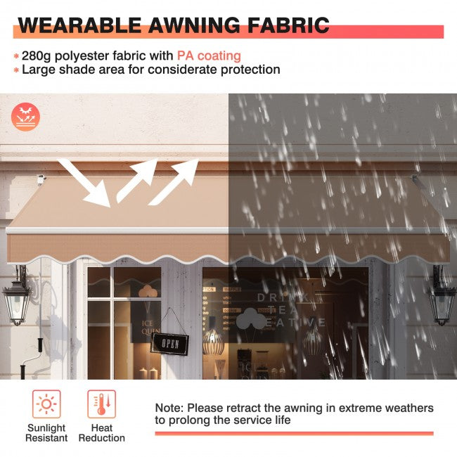 8 x 6.6 Ft Outdoor Patio Retractable Aluminum Awning Cover with Manual Crank Handle and Water-Resistant Polyester