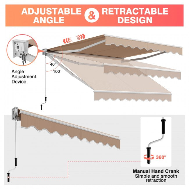 8 x 6.6 Ft Outdoor Patio Retractable Aluminum Awning Cover with Manual Crank Handle and Water-Resistant Polyester