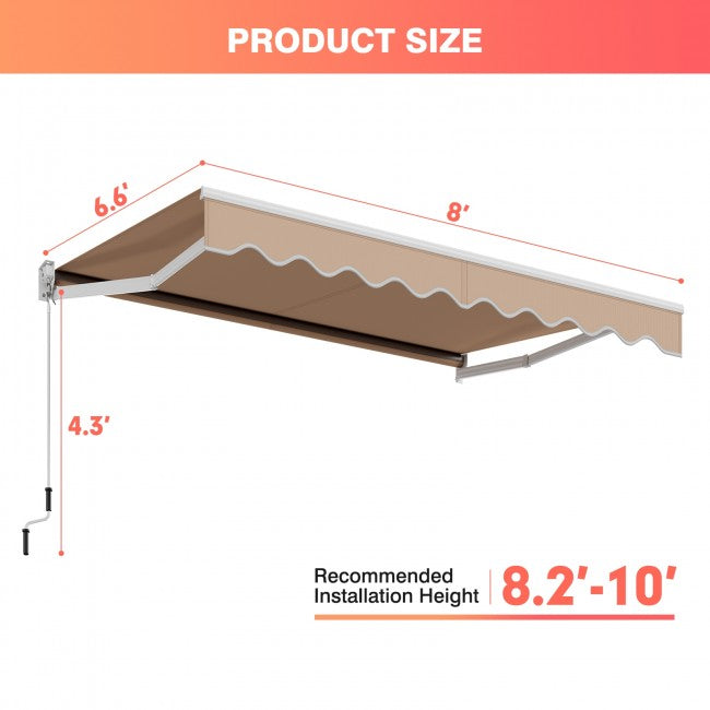 8 x 6.6 Ft Outdoor Patio Retractable Aluminum Awning Cover with Manual Crank Handle and Water-Resistant Polyester
