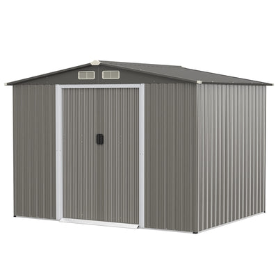 8' x 6' Outdoor Storage Shed Galvanized Steel Garden Tool House Storage Organizer with Foundation 4 Louvers Double Doors Ramp for Lawn Backyard