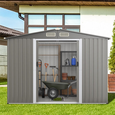 8' x 6' Outdoor Storage Shed Galvanized Steel Garden Tool House Storage Organizer with Foundation 4 Louvers Double Doors Ramp for Lawn Backyard