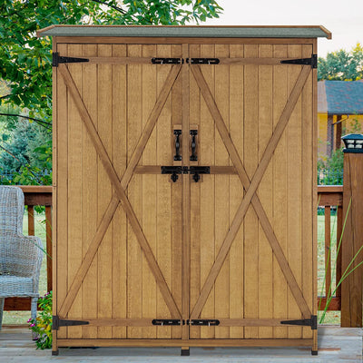 64 Inch Outdoor Solid Wooden Storage Shed Garden Tool Cabinet with Lockable Doors