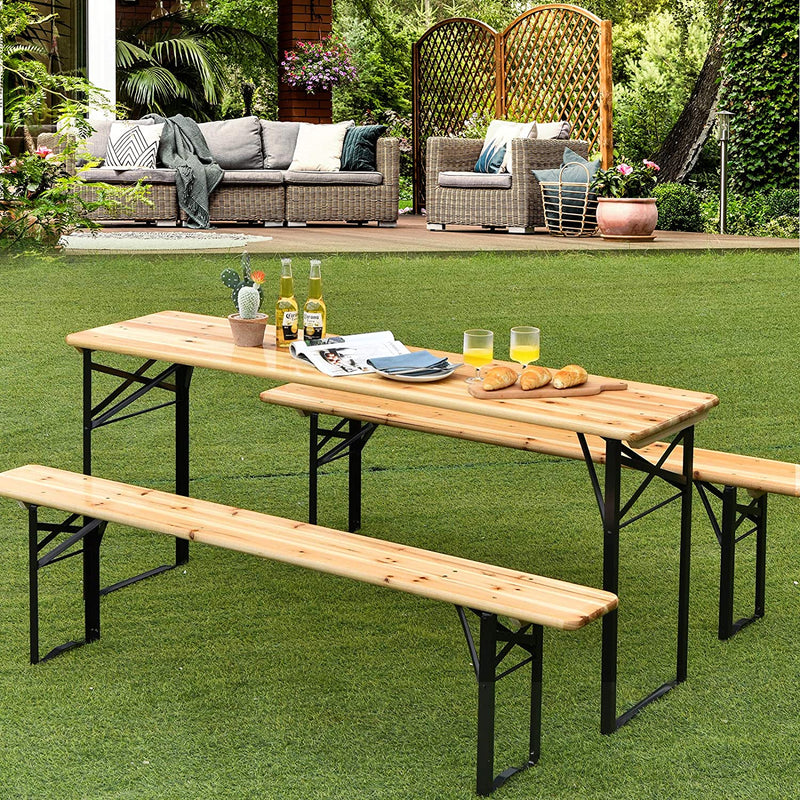 3 Pieces Outdoor Folding Table Bench Set Patio Portable Dining Table Set with Seating