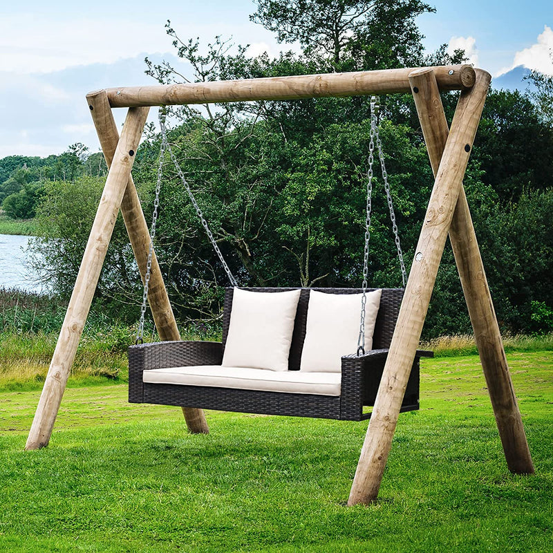 2-Person Patio Rattan Hanging Porch Swing Outdoor Wicker Swing Bench with Cushions