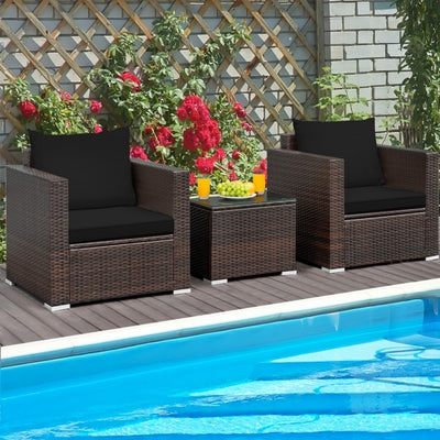 3 Pieces Patio Rattan Furniture Set Conversation Sofa Set with Cushion