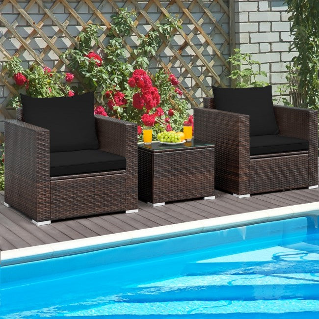 3 Pieces Patio Rattan Furniture Set Conversation Sofa Set with Cushion