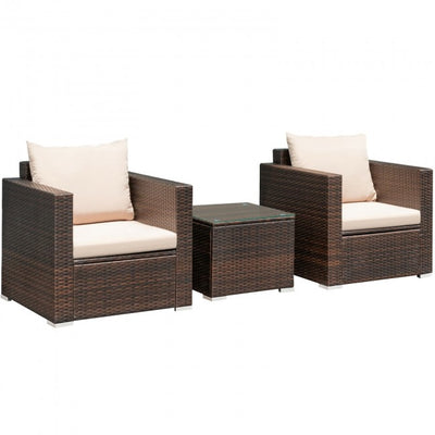 3 Pieces Patio Rattan Furniture Set Conversation Sofa Set with Cushion