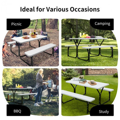 Outdoor Camping Table Bench Set Picnic All Weather Dining Set with Metal Base and Wood-Like Texture