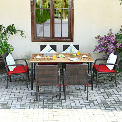 7 Pieces Outdoor Patio Rattan Dining Set Conversation Set with Soft Cushion and Umbrella Hole