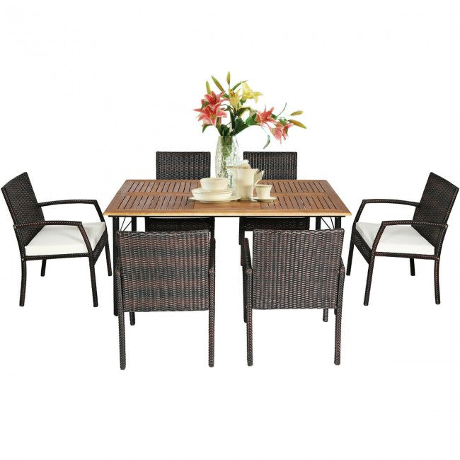 7 Pieces Outdoor Patio Rattan Dining Set Conversation Set with Soft Cushion and Umbrella Hole