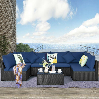 7 Pieces Outdoor Patio Rattan Furniture Set Wicker Sofa Sectional Conversation Set with Cushions and Tempered Glass Tea Table