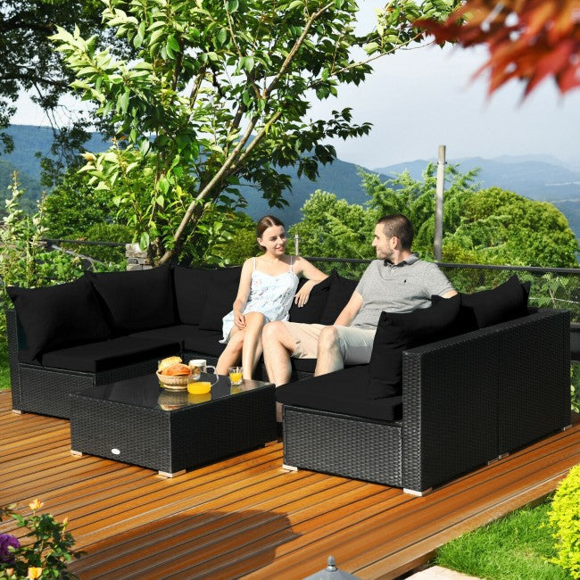 7 Pieces Outdoor Patio Rattan Furniture Set Wicker Sofa Sectional Conversation Set with Cushions and Tempered Glass Tea Table