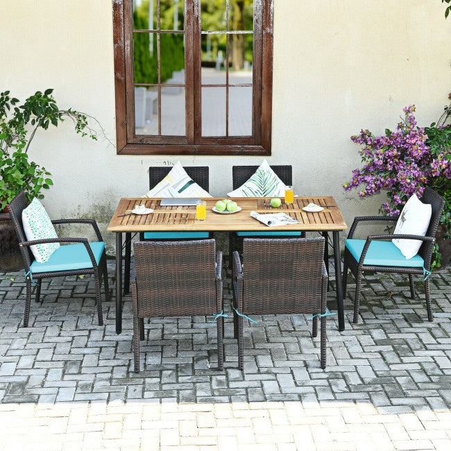 7 Pieces Outdoor Patio Rattan Dining Set Conversation Set with Soft Cushion and Umbrella Hole