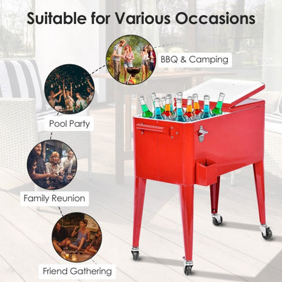 80 Quart Outdoor Steel Rolling Cooler Cart Portable Patio Beverage Bar Trolley Ice Chest with Locking Wheels and Bottle Opener