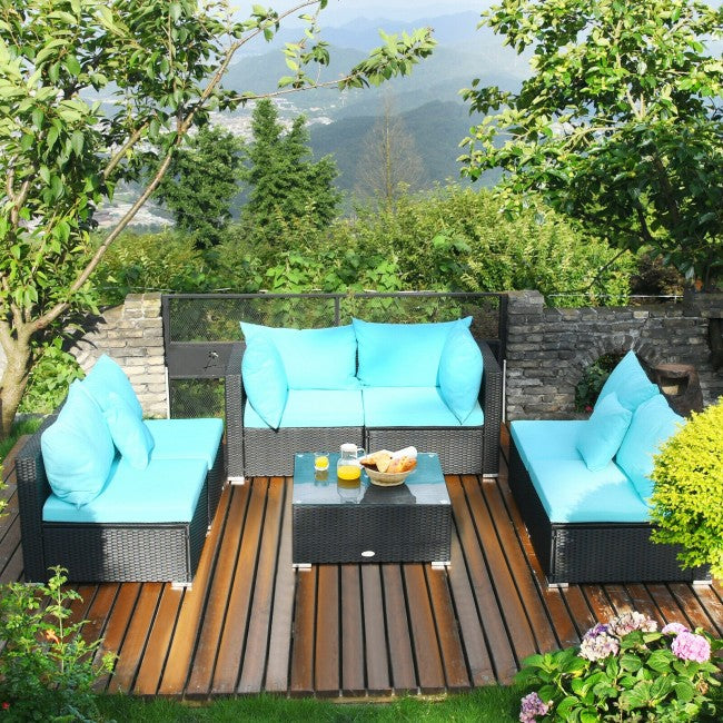 7 Pieces Outdoor Patio Rattan Furniture Set Wicker Sofa Sectional Conversation Set with Cushions and Tempered Glass Tea Table