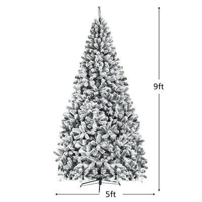 9FT Unlit Snow Flocked Wrapped Artificial Christmas Tree with 1498 PVC Branch Tips