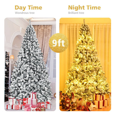 9FT Unlit Snow Flocked Wrapped Artificial Christmas Tree with 1498 PVC Branch Tips