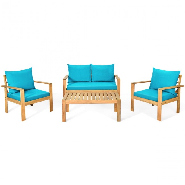 Outdoor 4 Pieces Acacia Wood Loveseat Chat Set Patio Furniture Conversation Sofa Set with Cushion and Coffee Table